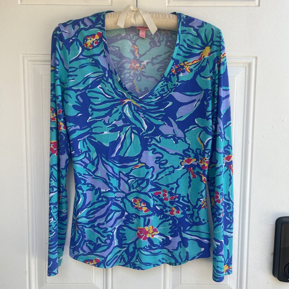 Lilly Pulitzer Pima Cotton Tropical Floral Long Sleeve V-Neck Top Size S